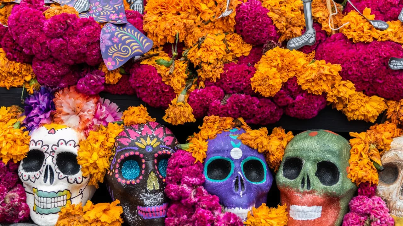 Célébration du Día de Muertos à Bordeaux avec costumes mexicains, danses et animations festives.